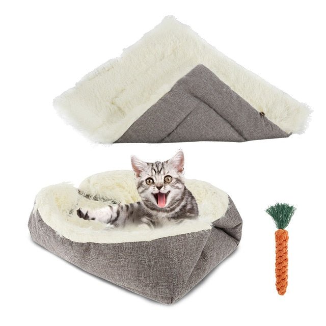 2 In 1 Cat Cushion Bed with Carrot Teeth Cleaning Toy Super Soft Puppy Kitten Sleeping Mat Foldable Basket Carrier for Pets