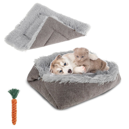 2 In 1 Cat Cushion Bed with Carrot Teeth Cleaning Toy Super Soft Puppy Kitten Sleeping Mat Foldable Basket Carrier for Pets